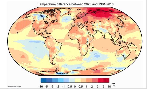 Distribution du réchauffement observé en 2020 à la surface de la Terre