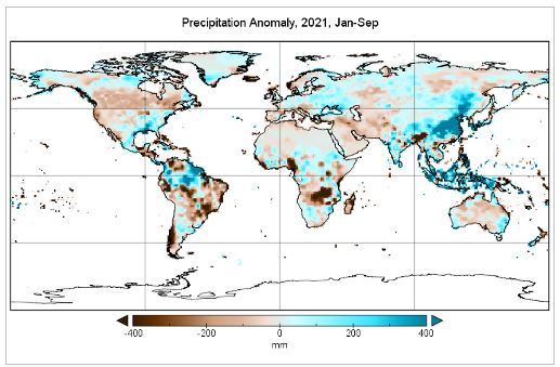 Anomalies de précipitations pour la période de janvier à septembre 2021.