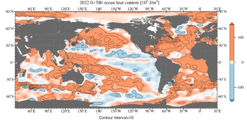 Distribution en 2022 du gain de chaleur des océans entre la surface et 700 m de profondeur depuis 1955.