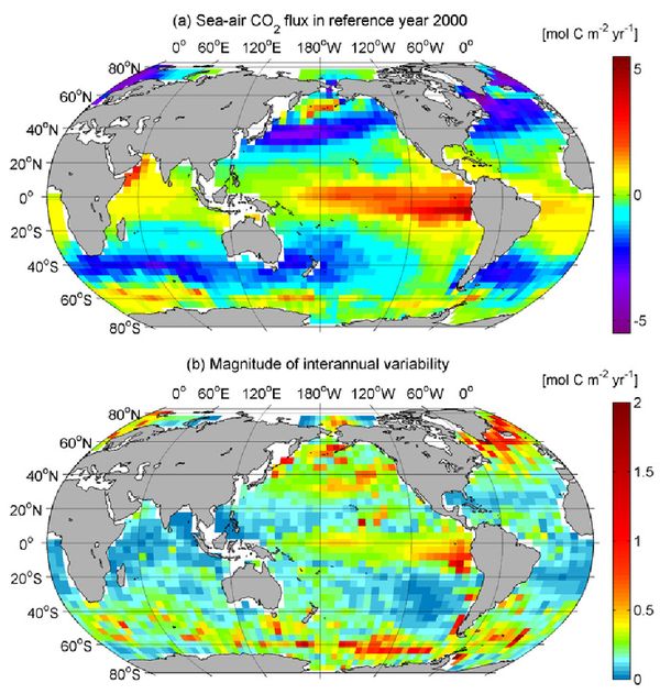 Flux annuel d’échange de gaz carbonique entre l’océan et l’atmosphère en 2000 
